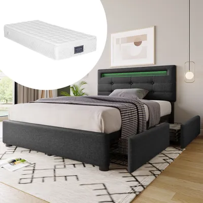 Produktbild von Sweiko Polsterbett Bettrahmen mit LED-Beleuchtung und 2 Schubladen Höhenverstellbares Kopfteil Massivholz-Lattenrost Einzelbett 90x200cm Grau Leinen (Mit Matratze)