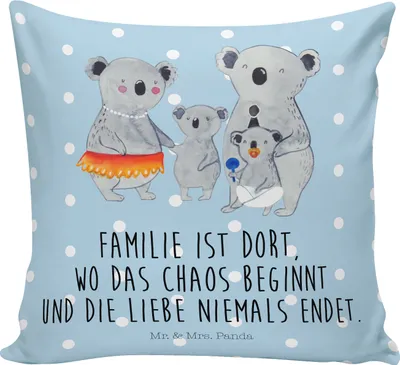 Produktbild von Mr. & Mrs. Panda Kissen 40x40 Koala Familie - Blau Pastell - Geschenk, kuschelkissen, Muttertag, Gemütliches, bedruckt, Polster, Koalas, Papa, Kinder, Kuschel, Family