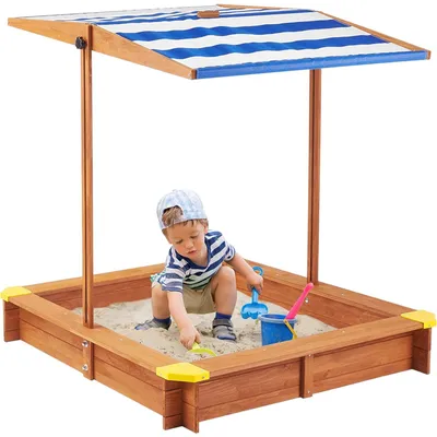 Image de Bac à sable GINGER HOME, avec auvent réglable et étanche offrant une protection UV, en bois, dimensions : 118 x 118 x 118 cm