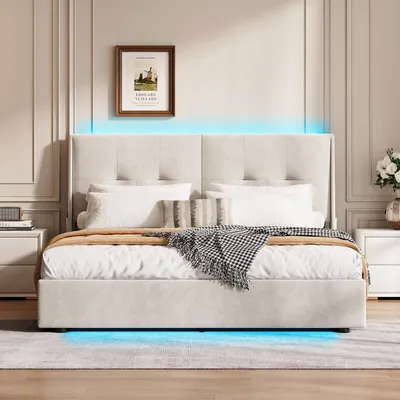 Image de Lit Double Rembourré 160 X 200 Cm Avec Rangement Et Éclairage LED, Avec Sommier à Lattes, Beige