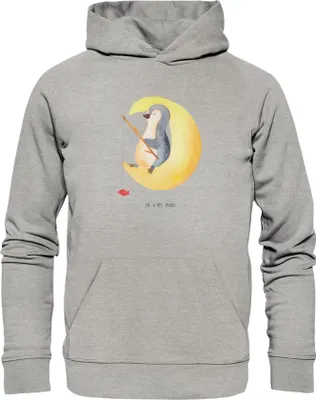 Produktbild von Mr. & Mrs. Panda Nachhaltiger Hoodie Pinguin Mond Größe L - Heather Grey - Geschenk, Kapuzenpullover, Kapuzenpulli, Spruch, Sweatshirt, Erschöpft, Süßigkeiten, schlafen