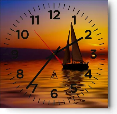 Produktbild von Wanduhr - Quadrat - Glasuhr - Boot Sonnenuntergang Landschaft - 40x40cm - Schleichendes Uhrwerk - Lautlos - zum Aufhängen bereit - Dekoration Modern - Wanddekoration aus Glas - C4AC40x40-0106