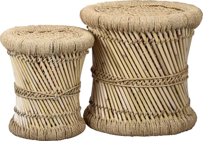 Zdjęcie produktu dla Marrakesh zestaw 2 bambusowych stołków Benita ø 36 cm i 30 cm | stołek w kwiaty Idealny do ogrodu, patio i na balkon