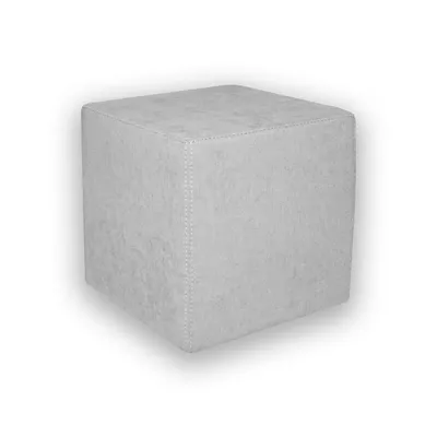 A light gray cube-shaped ottoman is shown against a white background.