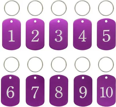 Zdjęcie produktu dla Aluminiowe etykiety identyfikacyjne z numerowanymi napisami od 1 do 50, etykiety na breloki do kluczy, w kolorze fioletowym