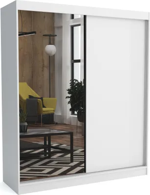 Produktbild von Kleiderschrank JOHN WHITE, 180x60x215 cm – mit Schiebetüren & Spiegel, Kleiderstange & Regalfächer, Schlafzimmerschrank, Garderobenschrank, Modern