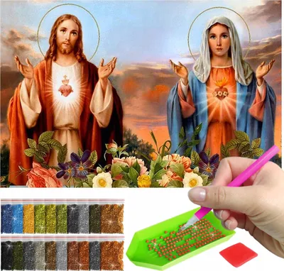 Zdjęcie produktu dla Haft diamentowy ARTULIO - Jezus i Maryja Najświętsze Serca - 60 x 40 cm - Diamond painting, Kompletny zestaw: mozaika + akcesoria