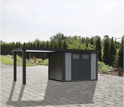 Produktbild von Gartenhaus Classico 2724 inkl. Regenrinne mit Seitendach links 572 x 259 cm lichtgrau