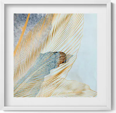 Produktbild von Glamour-Bananenblätter mit Gold– Wandbild mit Rahmen – Gerahmtes Bild  – Wanddekoration – 50x50 cm –  Weiß Rahmen