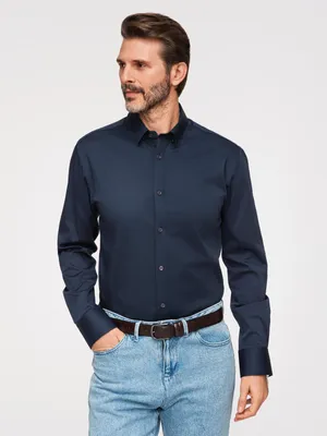 Zdjęcie produktu dla Koszula OMBRE o kroju slim fit z satynowym wykończeniem, elegancka OM-SHOS-0211, granatowa, rozmiar XL