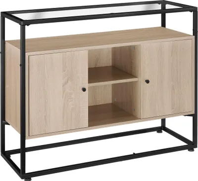 A sideboard with a wooden finish and black metal frame, displayed against a white background.