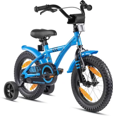 Image de VELO POUR ENFANTS PROMETHEUS, 14 pouces, pour garçons et filles de 4 ans, avec stabilisateurs, frein arrière par pédalier, modèle BMX, couleur bleue