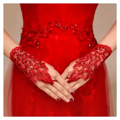 Produktbild von Brauthandschuhe aus Spitze, fingerlose Damenhandschuhe in Rot für Hochzeiten und Feste