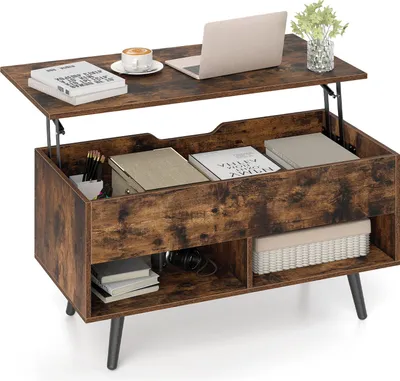 Zdjęcie produktu dla Stolik kawowy COSTWAY, stolik z blatem i 2 półkami, stolik do salonu, drewniany stolik kawowy do salonu, biura, 80 x 40 x 46-60 cm, brązowy