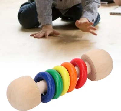 Productafbeelding van Houten rammelaar, kleurrijke ringen, grijptraining, kleurherkenning, babyspeelgoed, educatief speelgoed