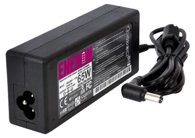 A black laptop power adapter with its cable and connector.