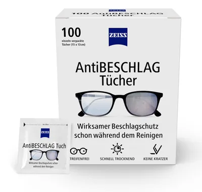 Produktbild von ZEISS Anti-Beschlag Tücher 100 Stück, einzeln verpackt, ideal für Reisen