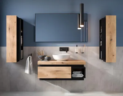 Produktbild von Easy4You KAYA Unterschrank 100 cm Matt Schwarz/Eiche mit Schublade und Ablage + 2 Hängeschränke 30x100 cm Badezimmer Schrank Badmöbel Seitenschrank