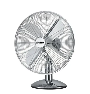 A chrome desk fan on a white background.