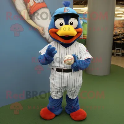 Produktbild von Blauer REDBROKOLY Tandoori-Huhn Maskottchen Kostüm charakter gekleidet mit einem Baseball-T-Shirt und einer Brille