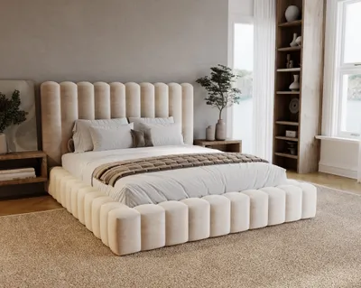 Obrázek produktu pro Čalouněná postel 180 x 200 Elise - postel do ložnice, roštový rám - manželská postel 180x200, sametová látka (Béžová - Ikoo 1)