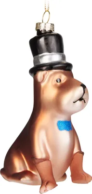 A glass ornament of a dog wearing a top hat and a bow tie.