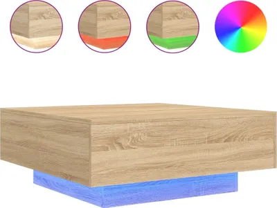 A coffee table with LED lights and color swatches.