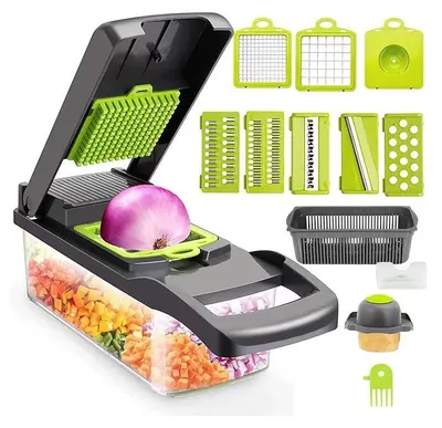 Image de Coupe-légumes et mandoline - 5 en 1 - Multifonctionnel - Lames en acier inoxydable - Lames amovibles - Facile à nettoyer - Vert