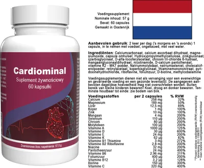 A bottle of Cardiominal supplements with informational text and a Dutch flag.