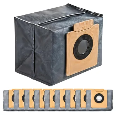 A product shot of vacuum cleaner bags, with a main bag in the foreground and a row of smaller bags below.