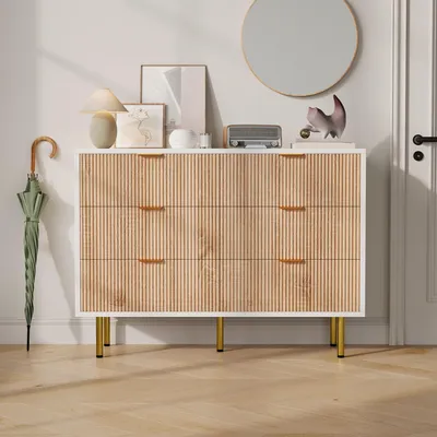 Immagine prodotto di UnboxG Comò a 6 cassetti 100x34x73 cm – Credenza / mobile contenitore con gambe in metallo, combinazione legno-bianco, comò per soggiorno e camera da letto