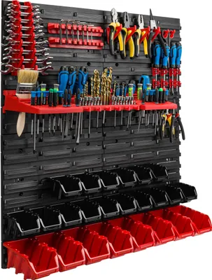 Zdjęcie produktu dla System magazynowy Regał warsztatowy | 78 x 78 cm | 24 szt. Pudełko | Regał ścienny z uchwytami na narzędzia i pojemnikami do układania w stosy - Płyty ścienne Bardzo wytrzymały regał z przegrodami Ściana perforowana Regał magazynowy Regał garażowy