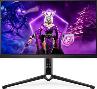A computer monitor displaying a fantasy-themed digital artwork with a warrior and a mythical creature.