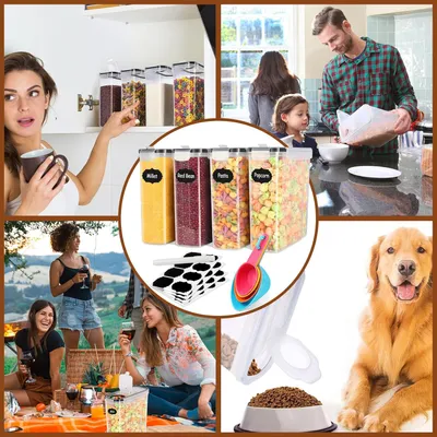 Immagine prodotto di Set di scatole per cereali da 4 litri - scatola per cereali da cucina - plastica senza BPA - ermetica - 4 pezzi + 24 etichette - distributore di farina di cereali e riso