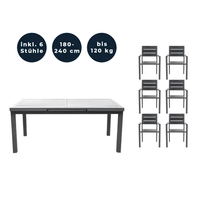 Produktbild von HOME DELUXE - Gartentisch ausziehbar - CALIDO - ca. 180 (240) x 97,5 x 76,5 cm - inkl. 6 Stühlen, Gestell Aluminium, Tischplatte Glas - inkl. Zubehör I Gartenmöbel Ausziehtisch Balkonset