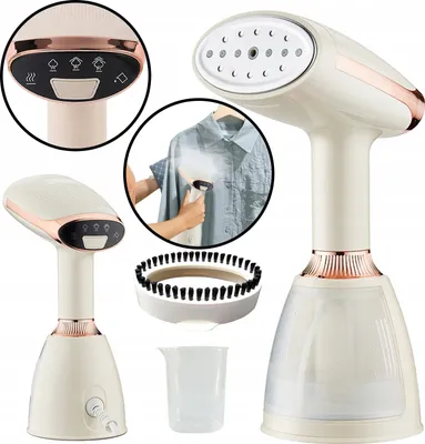 A collage of images showing a handheld garment steamer and its accessories, with one image demonstrating its use on a shirt.