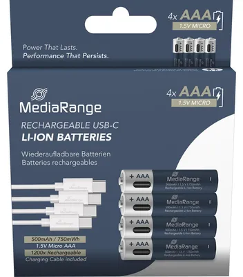 Produktbild von MediaRange MRBAT160, Wiederaufladbarer Akku, AAA, Lithium-Ion (Li-Ion), 1,5 V, 4 Stück(e), 500 mAh