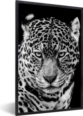 Produktbild von MuchoWow® Gerahmtes Poster Leopard - Tiere - Schwarz - Weiß - Porträt 60x90 cm - Poster mit Schwarzem Bilderrahmen Wandposter Rahmen Foto Bilder - Kunst