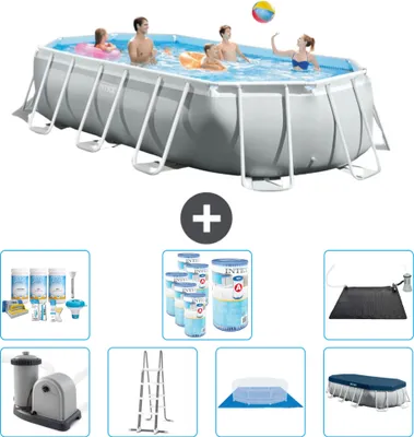 Produktbild von Intex Oval Prism Frame Swimmingpool – 503 x 274 x 122 cm – Grau – inklusive Pumpe – Leiter – Bodenplane – Abdeckung Wartungspaket - Filter - Solarmatte