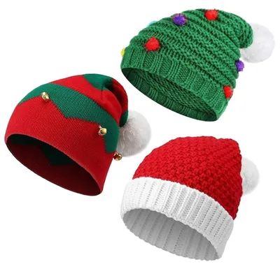 Produktbild von Weihnachtsmützen für Erwachsene, Forreen, 3 Stück. Gestrickte Weihnachtsmützen, warme und bequeme, dicke, klassische Mützen mit Pompon. Kreative und stilvolle Weihnachtsmützen für festliche Anlässe und Feiern zum Jahreswechsel