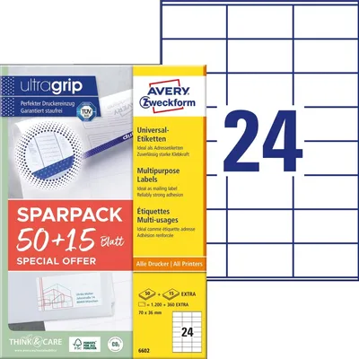 Produktbild von Universal-Etiketten ultragrip 70x36 mm VE=6x1560 Etiketten / 65 Bogen weiß