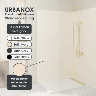 Zdjęcie produktu dla Zestaw paneli ściennych Marwell Urbanox kość słoniowa 1x 90x210 1x 120x210cm - w tym profile końcowe w kolorze czarnym - bezspoinowy aluminiowy panel kompozytowy jako panel prysznicowy i panel kuchenny
