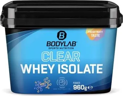 A tub of BODYLAB Clear Whey Isolate protein powder.