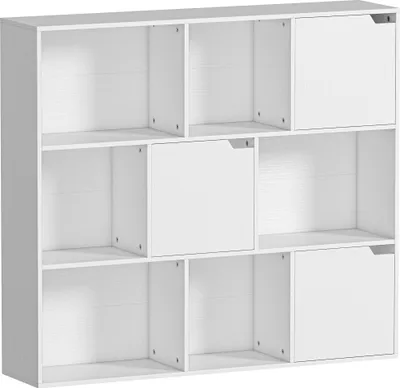 Produktbild von Bücherregal, 9 Würfelfächer, 3 Türen, 6 offene Regale, für Wohnzimmer, Schlafzimmer, Spanplatte, Weiß