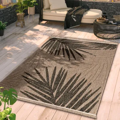 Produktbild von TT Home In-& Outdoor Teppich Wohnzimmer Wetterfest Balkon Boho Blattmotiv 3D Fransen Größe 160x220 cm