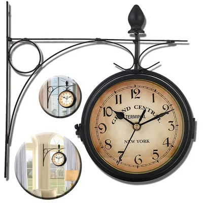 Produktbild von Bahnhofsuhr Doppelseitig, Retro Wanduhr, Wandhalterung, für Garten,Terrasse, Küche, Innenhof