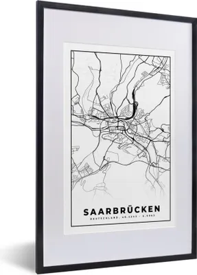 Produktbild von MuchoWow® Gerahmtes Poster Saarbrücken - Karte - Stadtplan 40x60 cm - Poster mit Schwarzem Bilderrahmen Wandposter Rahmen Foto Bilder - Poster in Rahmen