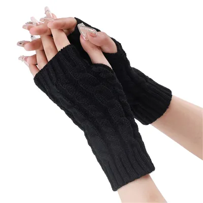 Produktbild von 2 Paar Fingerlose Handschuhe für Damen, Kurze Strickhandschuhe, Winter Pulswärmer Handschuhe, Farbe: Schwarz