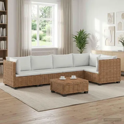 Image de Ensemble de salon en rotin naturel GENDT, comprenant 6 pièces et coussins, de qualité supérieure