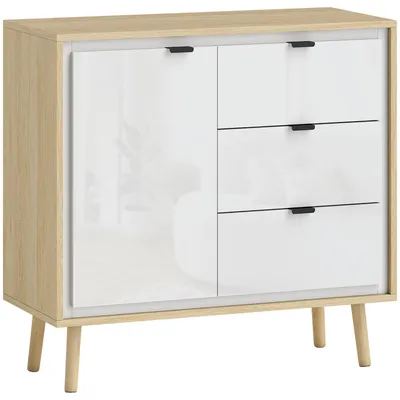 Immagine prodotto di Credenza Moderna con 3 Cassetti e Armadietto Ante Lucide Bianco e Rovere